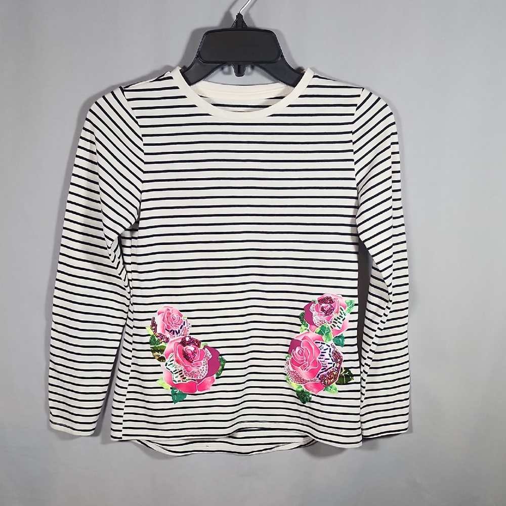 Wonder Nation Girls Striped Long Sleeve Top with Floral Design Size L(10-12)